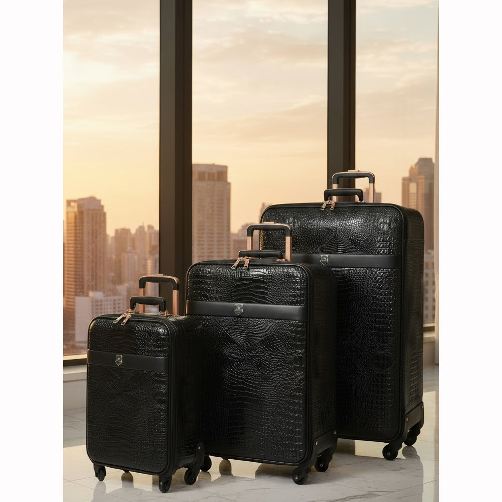 Luxury PU Leather Croc-Print Luggage Hybrid Shell Suitcases Lightweight Spinner & Stabilizer Wheels Black Elite 2