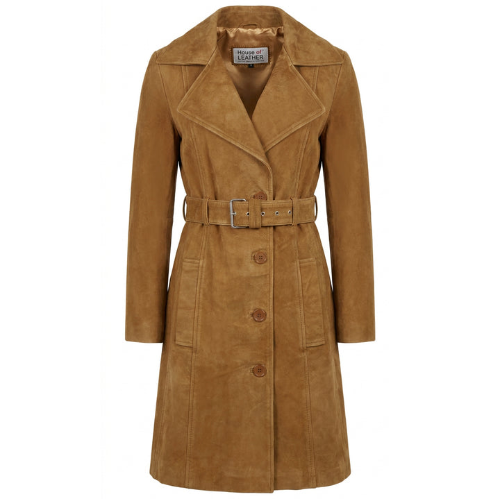 Women's Genuine Goat Suede Trench Coat, 3/4 Length, Button Front with Belt Foxy Cognac
