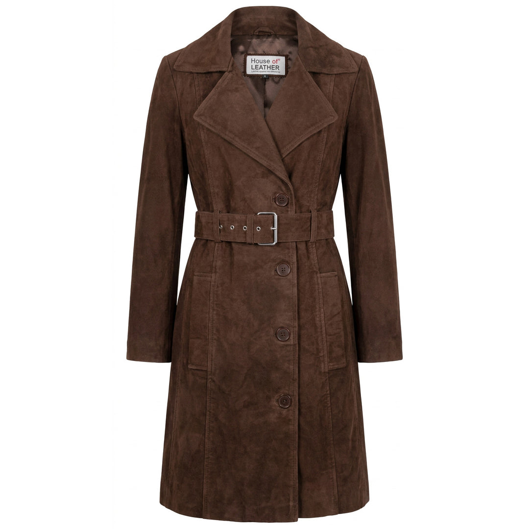 Women's Genuine Goat Suede Trench Coat, 3/4 Length, Button Front with Belt Foxy Rust Brown