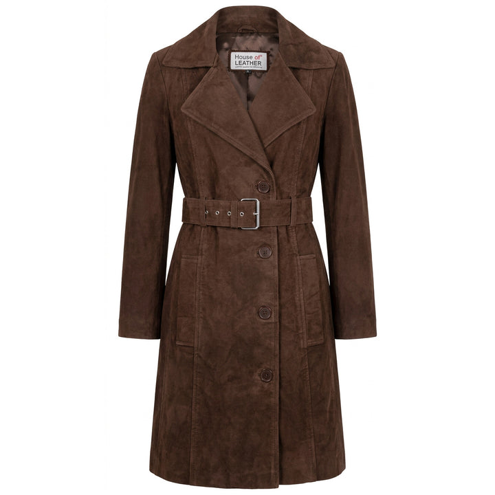 Women's Genuine Goat Suede Trench Coat, 3/4 Length, Button Front with Belt Foxy Rust Brown