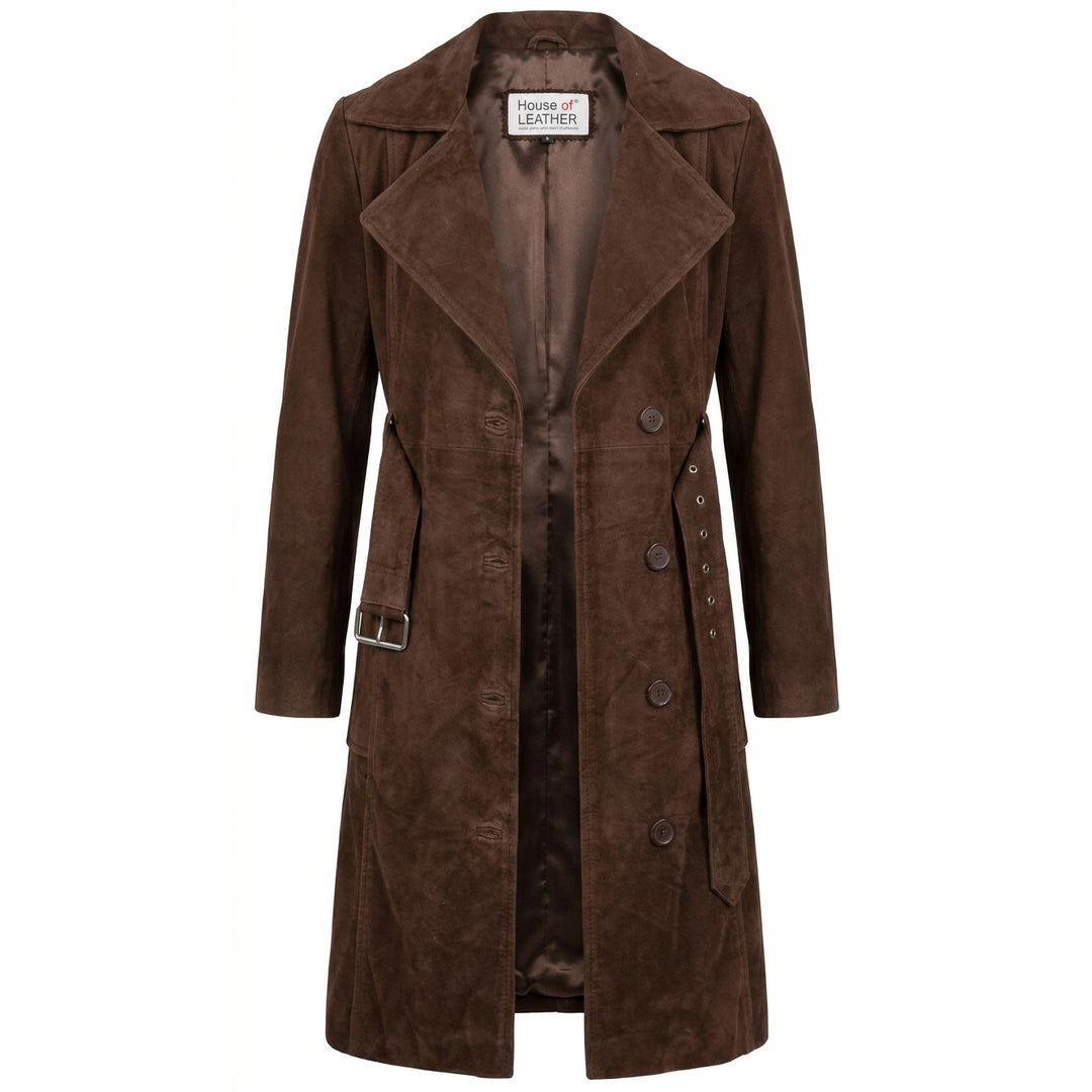 Women's Genuine Goat Suede Trench Coat, 3/4 Length, Button Front with Belt Foxy Rust Brown
