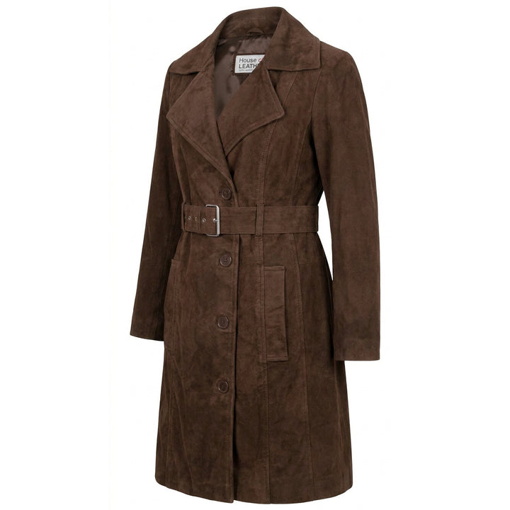 Women's Genuine Goat Suede Trench Coat, 3/4 Length, Button Front with Belt Foxy Rust Brown