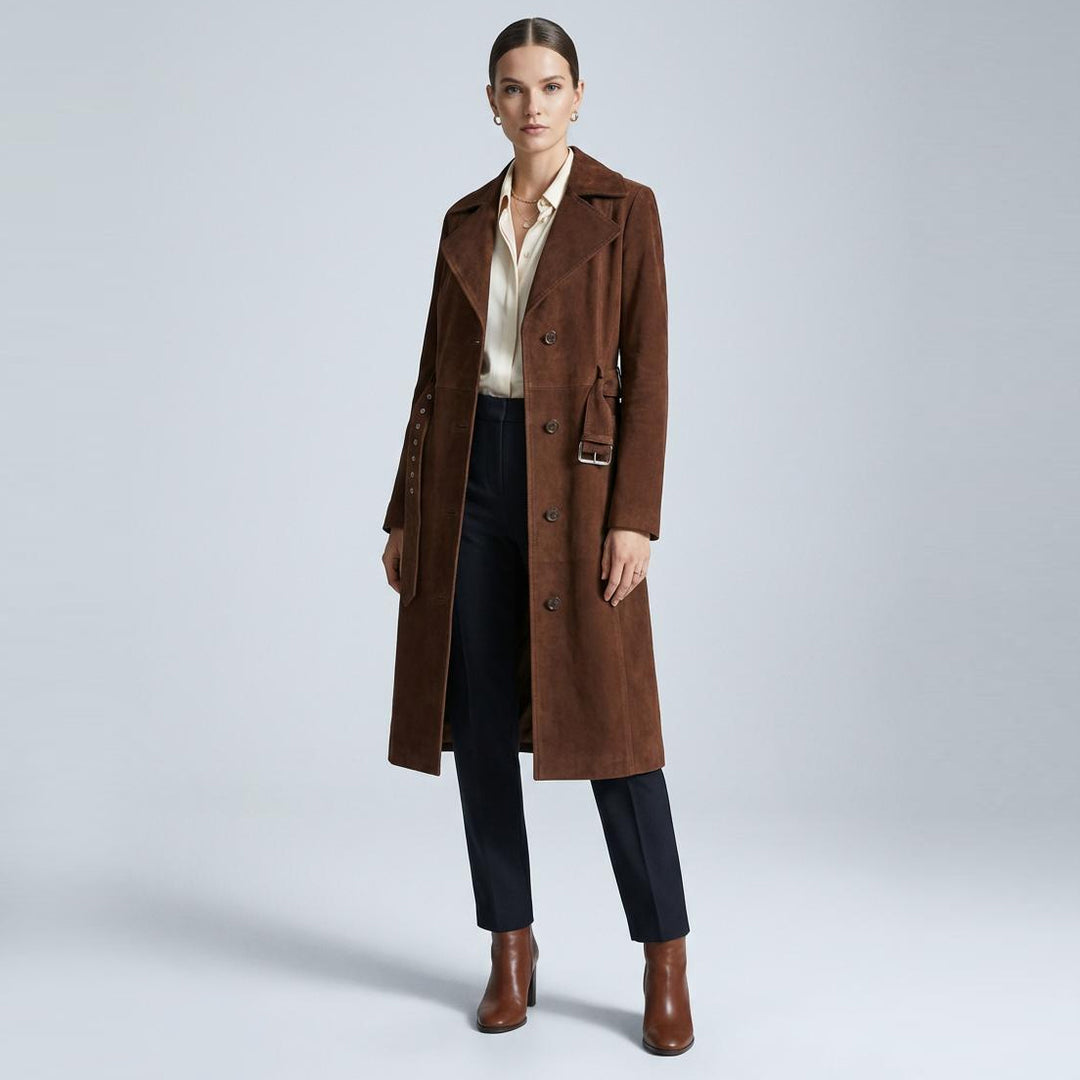 Women's Genuine Goat Suede Trench Coat, 3/4 Length, Button Front with Belt Foxy Rust Brown
