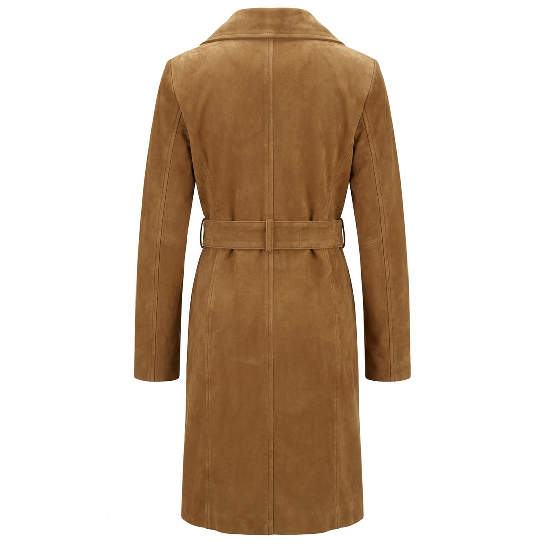 Women's Genuine Goat Suede Trench Coat, 3/4 Length, Button Front with Belt Foxy Cognac