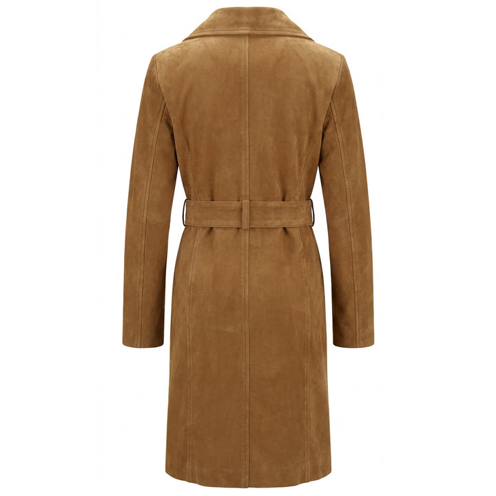 Women's Genuine Goat Suede Trench Coat, 3/4 Length, Button Front with Belt Foxy Cognac