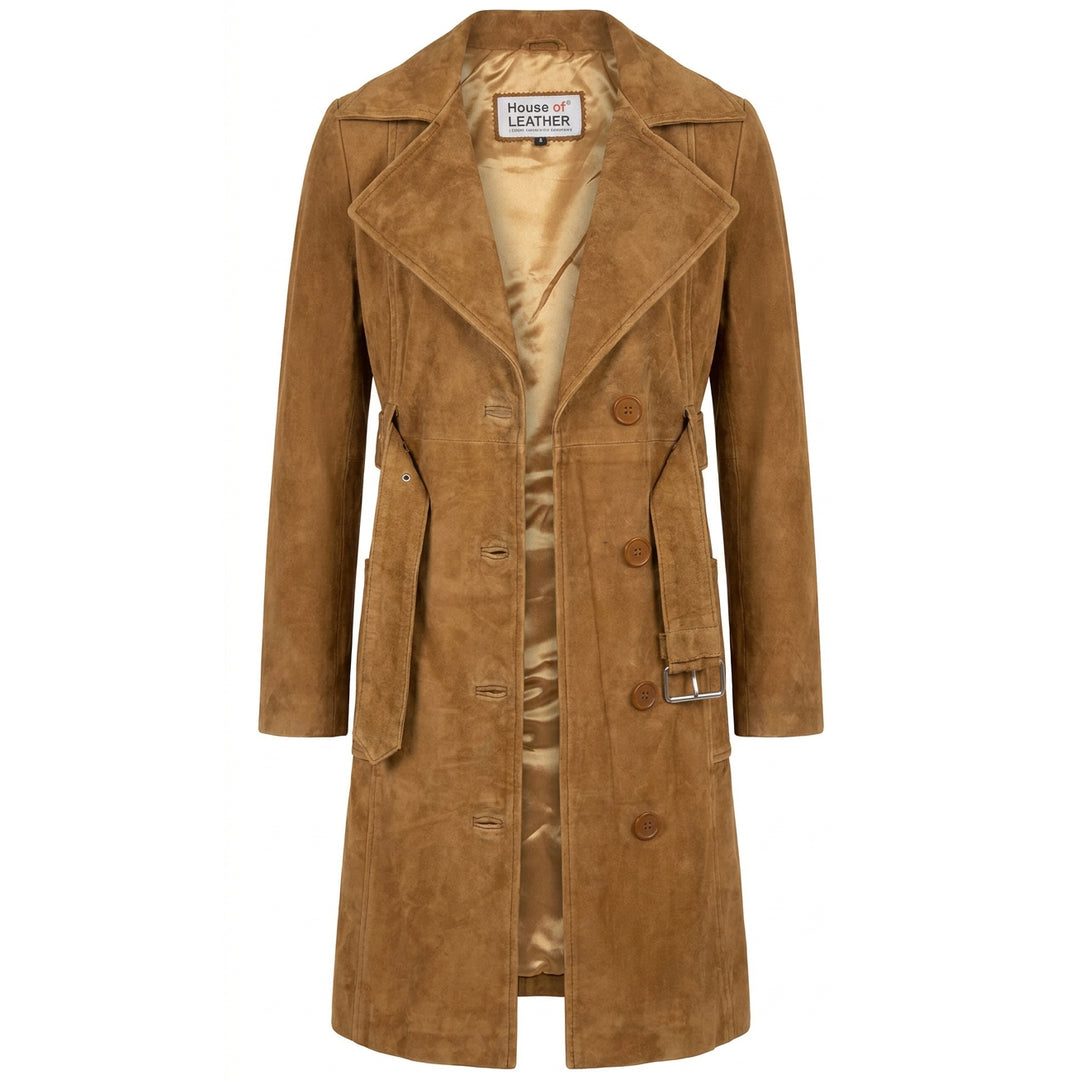 Women's Genuine Goat Suede Trench Coat, 3/4 Length, Button Front with Belt Foxy Cognac