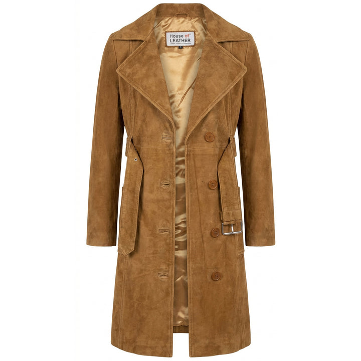 Women's Genuine Goat Suede Trench Coat, 3/4 Length, Button Front with Belt Foxy Cognac