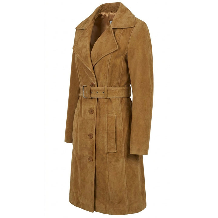Women's Genuine Goat Suede Trench Coat, 3/4 Length, Button Front with Belt Foxy Cognac