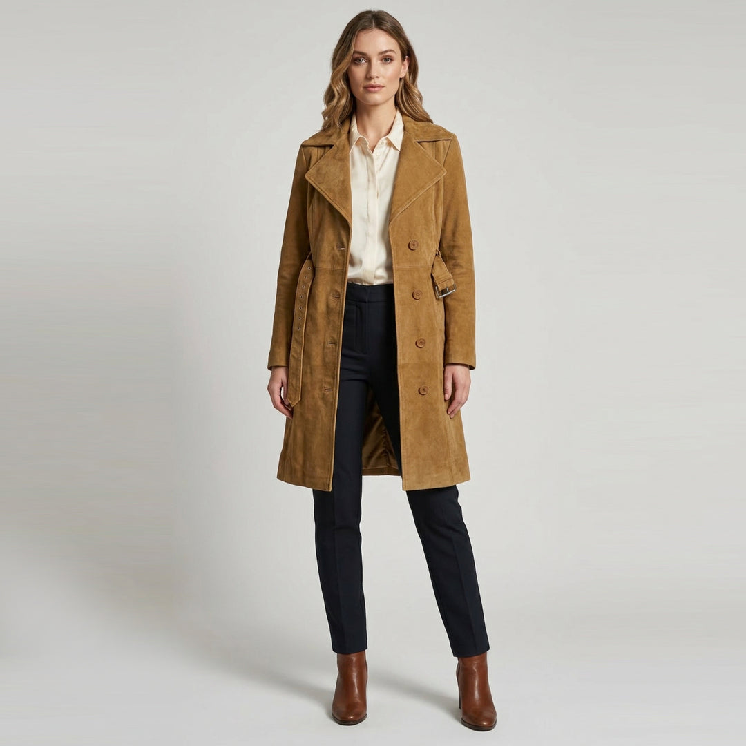 Women's Genuine Goat Suede Trench Coat, 3/4 Length, Button Front with Belt Foxy Cognac