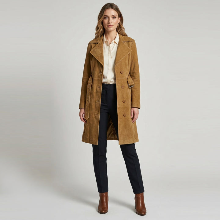 Women's Genuine Goat Suede Trench Coat, 3/4 Length, Button Front with Belt Foxy Cognac