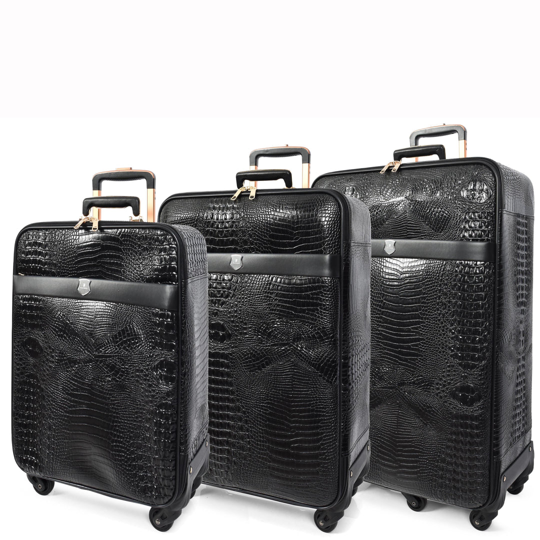 Luxury PU Leather Croc-Print Luggage Hybrid Shell Suitcases Lightweight Spinner & Stabilizer Wheels Black Elite 1