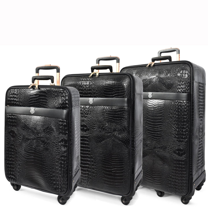 Luxury PU Leather Croc-Print Luggage Hybrid Shell Suitcases Lightweight Spinner & Stabilizer Wheels Black Elite 1