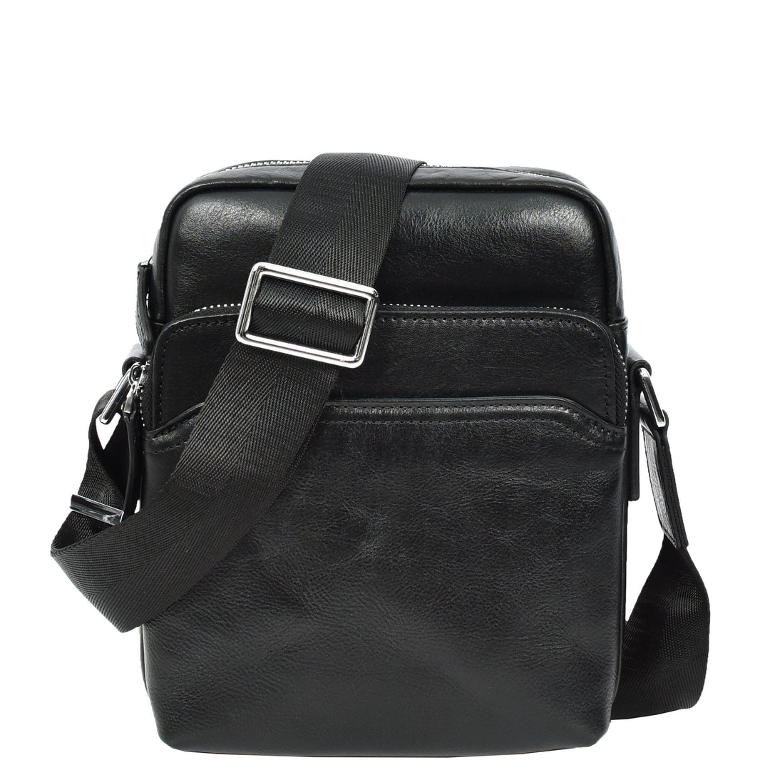 Mens Real Leather Cross Body Bag Small Size Travel Pouch Hanoi Black-1