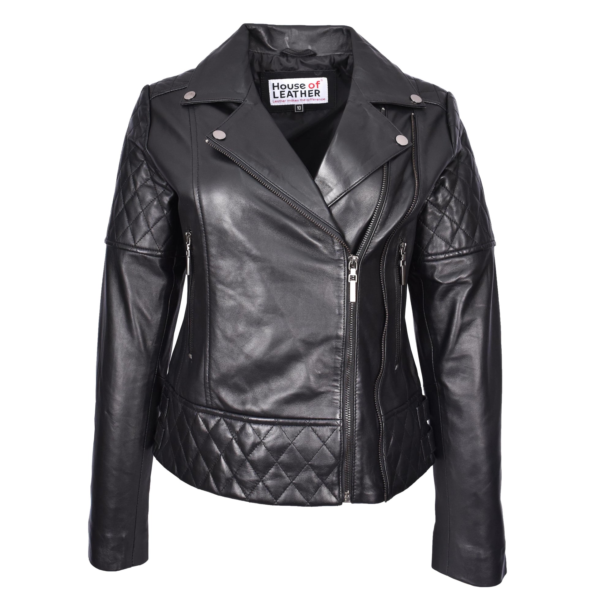 Women's Real Leather Jacket Multi Cross Zip Biker Style Fitted Quilted Nixi Black-1