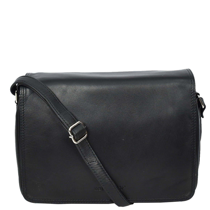 Womens Real Leather Crossbody Bag Flap over Shoulder Organiser Handbag HOL896 Black-1