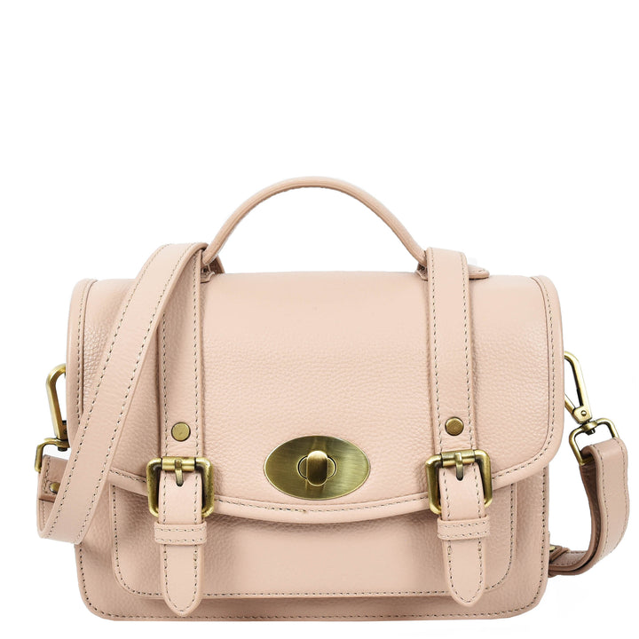 Vintage Style Womens Satchel Handbag Real Leather Crossbody Purse with Buckles Roxy Beige