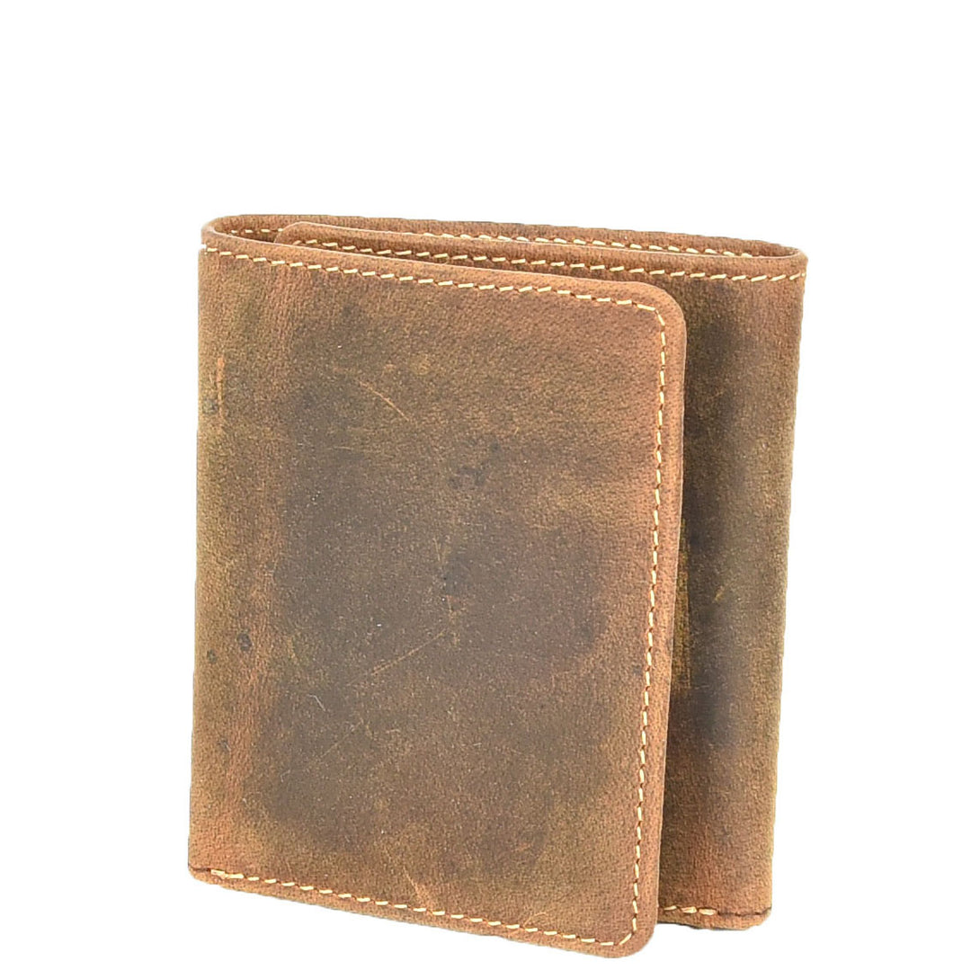 Mens Real Leather Tri-fold Wallet Credit Cards Banknotes ID Card RFID Blocking HOL700 Oil Tan