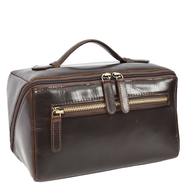 Mens Real Leather Toiletries Wash Shaving Bag Travel Pouch Tripper Brown