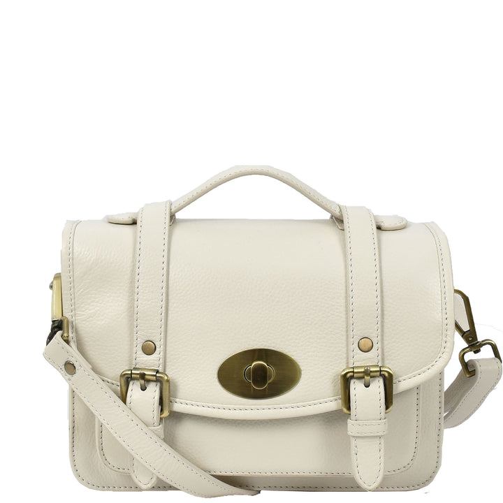 Vintage Style Womens Satchel Handbag Real Leather Crossbody Purse with Buckles Roxy White