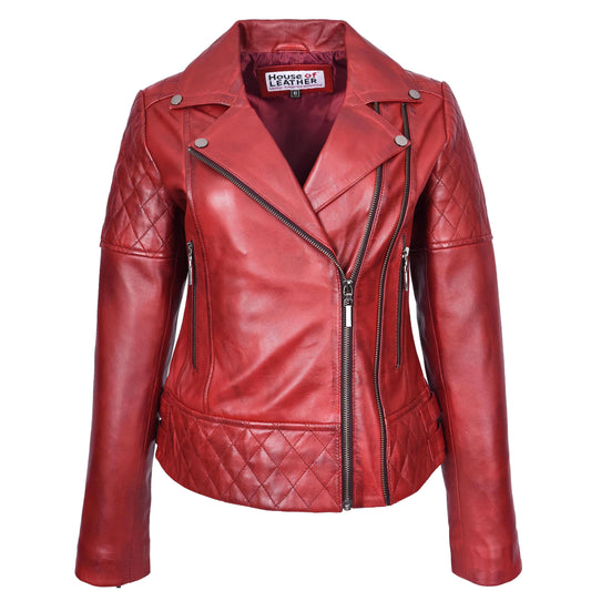 Women's Real Leather Jacket Multi Cross Zip Biker Style Fitted Quilted Nixi Burnish Red-1