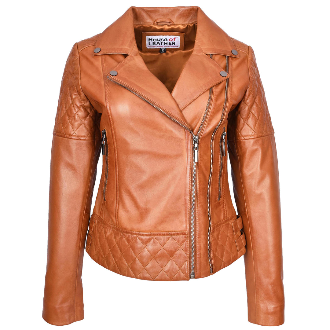 Women's Real Leather Jacket Multi Cross Zip Biker Style Fitted Quilted Nixi Tan-1
