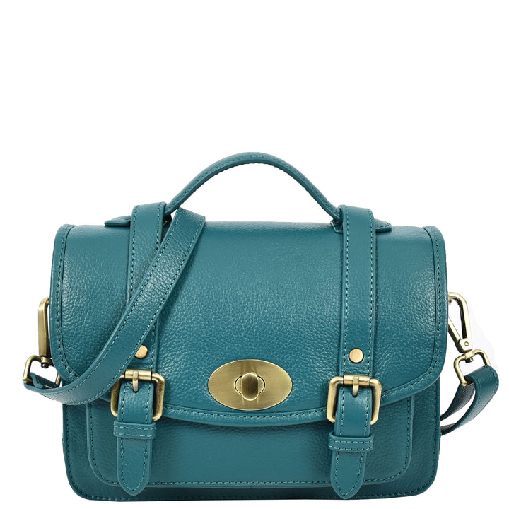 Vintage Style Womens Satchel Handbag Real Leather Crossbody Purse with Buckles Roxy Green
