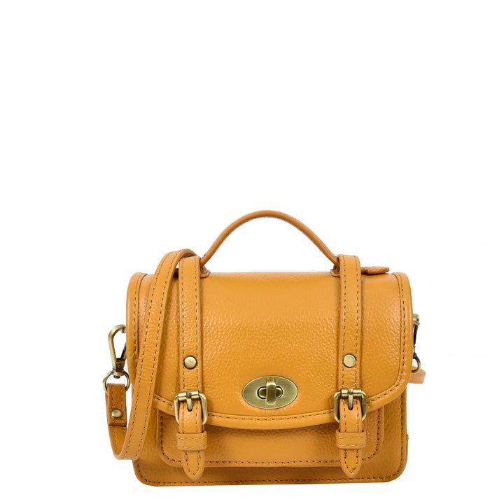 Womens Classic Mini Satchel Handbag Leather Crossbody Purse with Turn-Lock Closure Pipin Mustard
