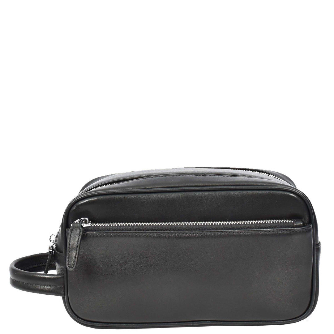 Real Leather Toiletries Bag Medium Size Travel Dopp Kit Organiser Style Oslo Black-1