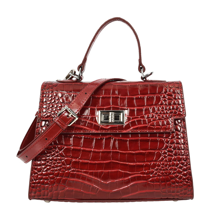 Women's Leather Structured Top Handle Handbag with Shoulder Strap HOL8617 Red