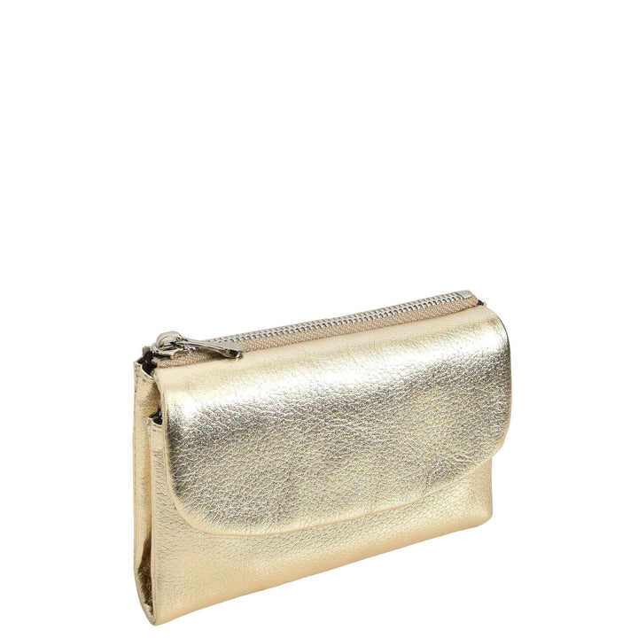 Womens Real Leather Bi-fold Purse Compact Wallet HOL3033 Gold