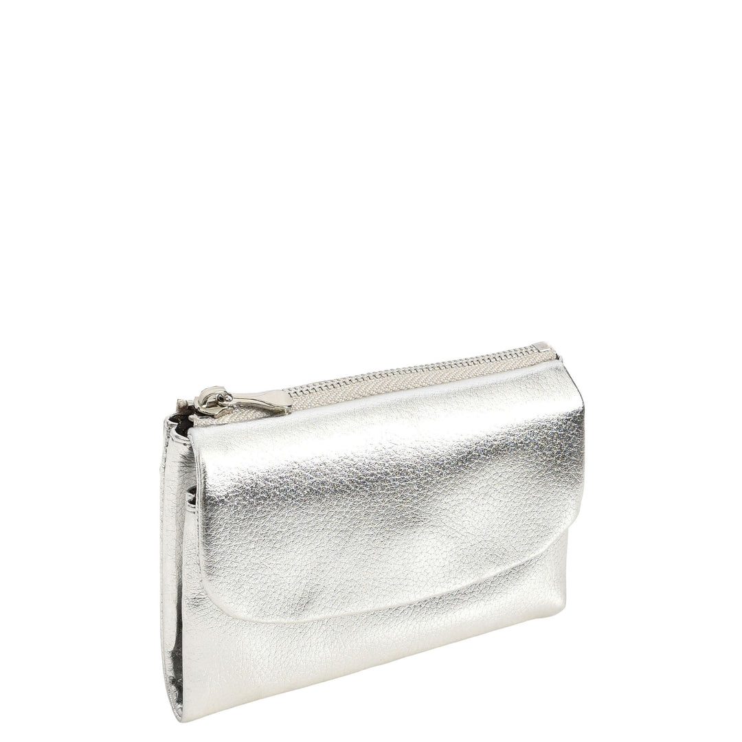 Womens Real Leather Bi-fold Purse Compact Wallet HOL3033 Silver