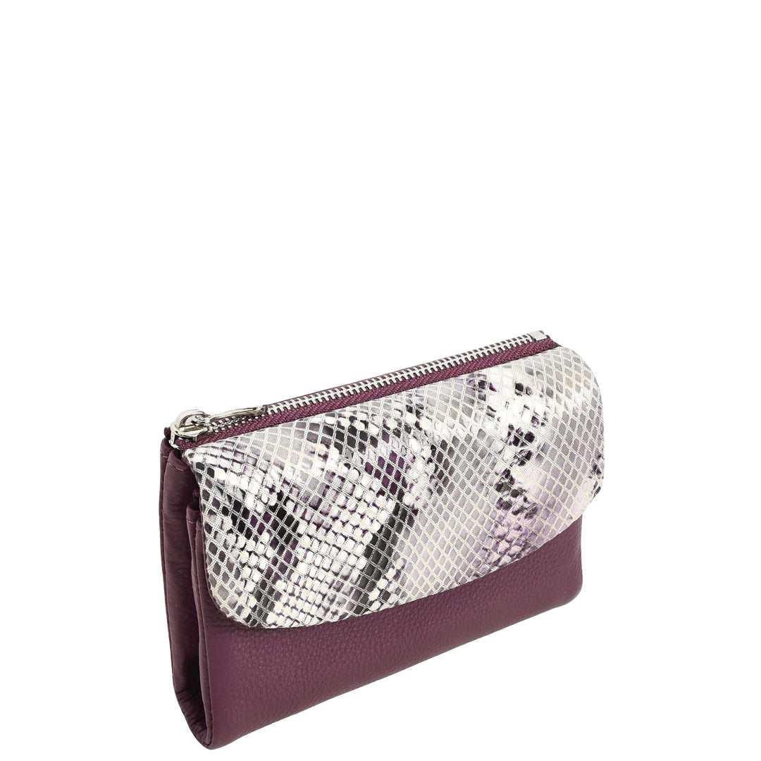 Womens Real Leather Purse Snake-Print Clutch Wallet HOL8833 Purple