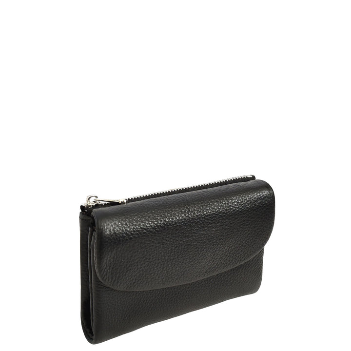 Womens Real Leather Bi-fold Purse Compact Wallet HOL3033 Black