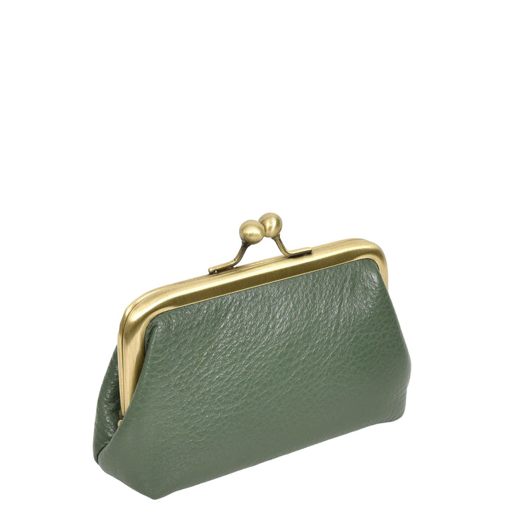Womens Real Leather Small Coin Purse with Kiss Lock Closure HOL2205 Green