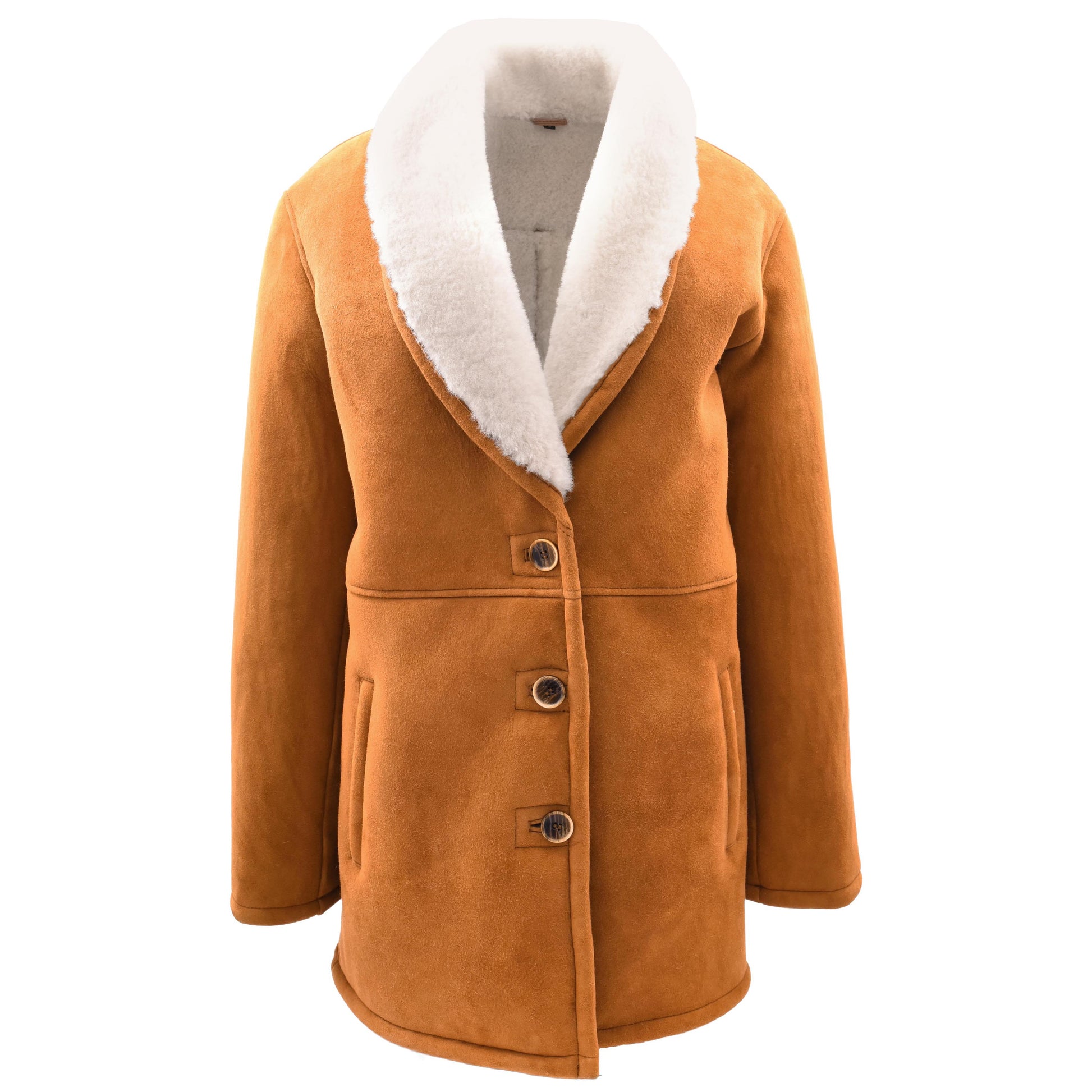 Womens Cognac Sheepskin Coat Mid Length White Merino Brenda 1