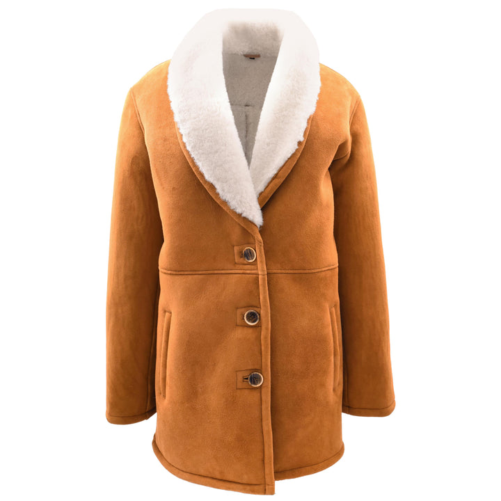 Womens Cognac Sheepskin Coat Mid Length White Merino Brenda 1