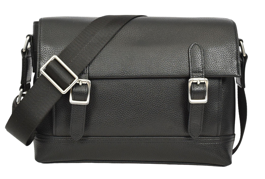 Men's Real Leather Crossbody Messenger Bag Flap Over Dual Buckle Ted Black