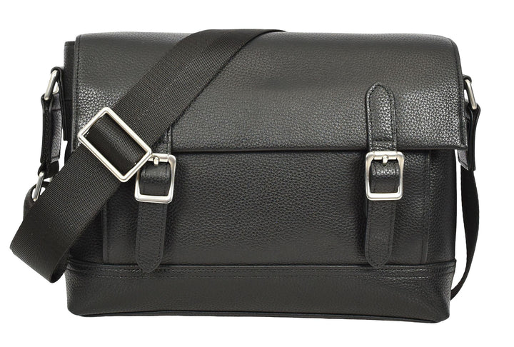 Men's Real Leather Crossbody Messenger Bag Flap Over Dual Buckle Ted Black
