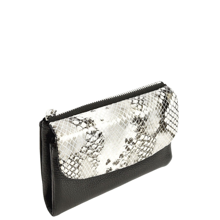 Womens Real Leather Purse Snake-Print Clutch Wallet HOL8833 Black
