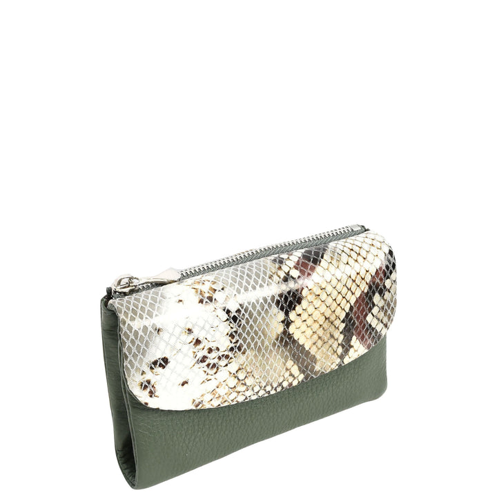 Womens Real Leather Purse Snake-Print Clutch Wallet HOL8833 Green