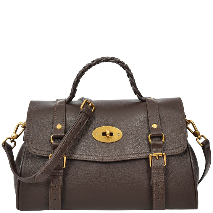 Womens Real Leather Handbag Classic Satchel Top-Handle Style Greta Brown-1