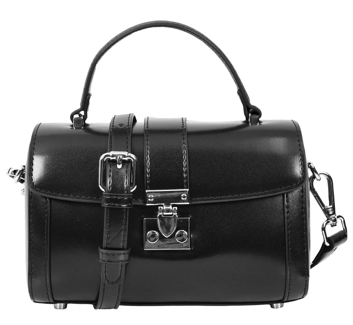 Women's Glazed Leather Handbag Mini Size Fashion Bag Top Handle HOL2613 Black