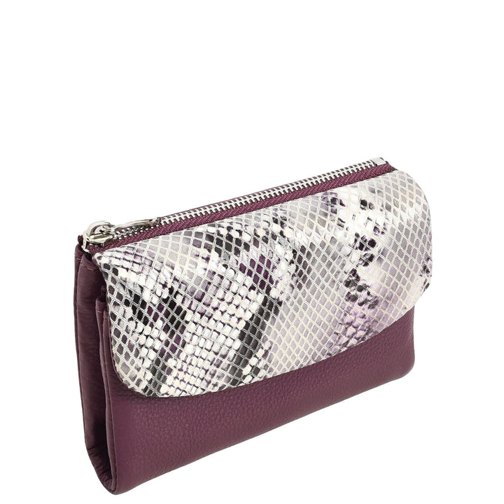 Womens Real Leather Purse Snake-Print Clutch Wallet HOL8833 Purple