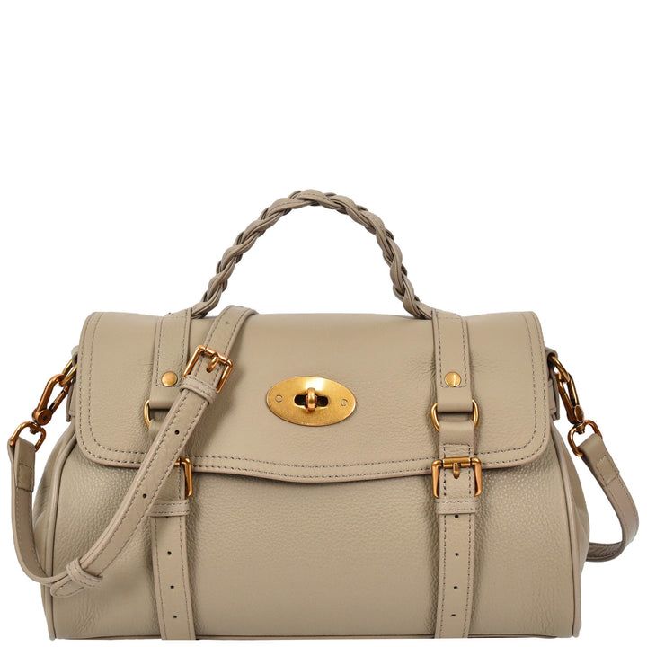Womens Real Leather Handbag Classic Satchel Top-Handle Style Greta Beige-1