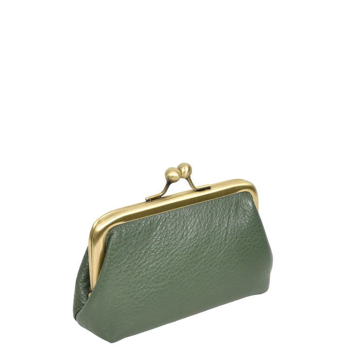 Womens Real Leather Small Coin Purse with Kiss Lock Closure HOL2205 Green