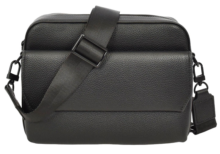 Men's Real Leather Crossbody Flight Bag Adjustable Strap Sandy Black