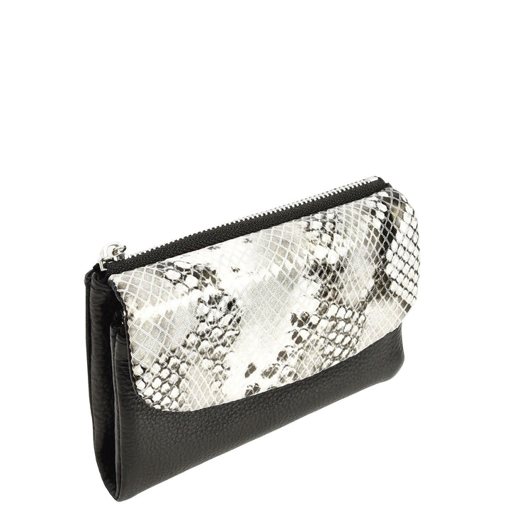 Womens Real Leather Purse Snake-Print Clutch Wallet HOL8833 Black