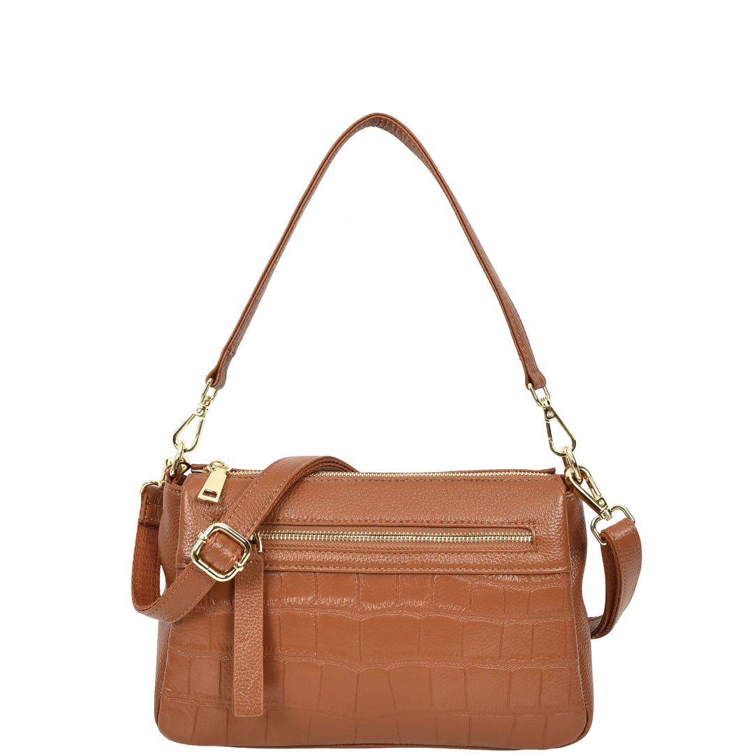 Womens Real Leather Shoulder Handbag Croc-Print Design Everyday Bag Edlyn Tan
