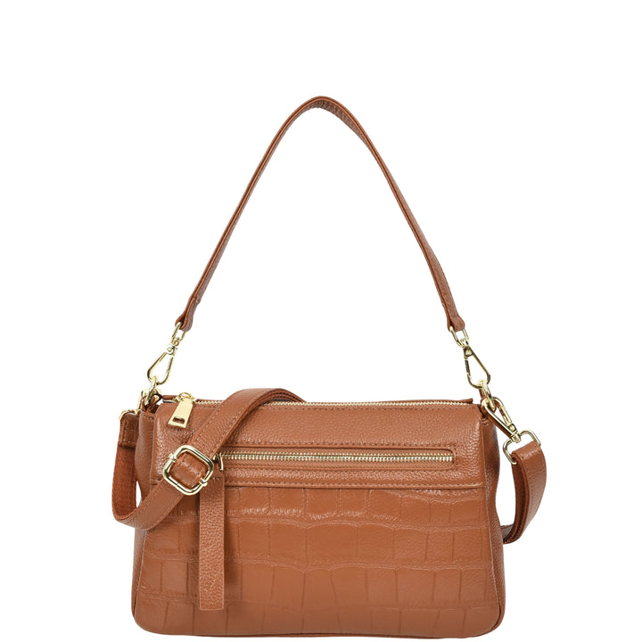 Womens Real Leather Shoulder Handbag Croc-Print Design Everyday Bag Edlyn Tan