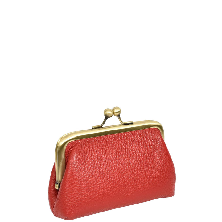 Womens Real Leather Small Coin Purse with Kiss Lock Closure HOL2205 Red